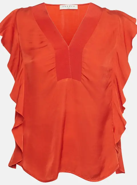 Sandro Orange Silk Ruffled Top S