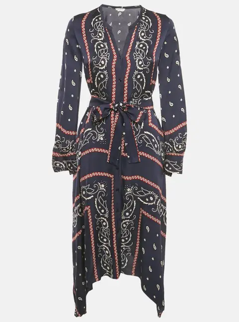 Sandro Blue Bandana Print Satin Asymmetric Midi Dress XS