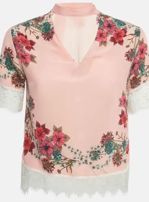 Sandro Pink Floral Print Silk Lace Trim Detail Top S