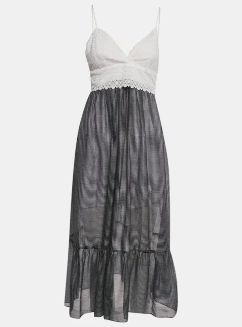 Sandro White /Navy Blue Striped Lace & Crepe Midi Dress M