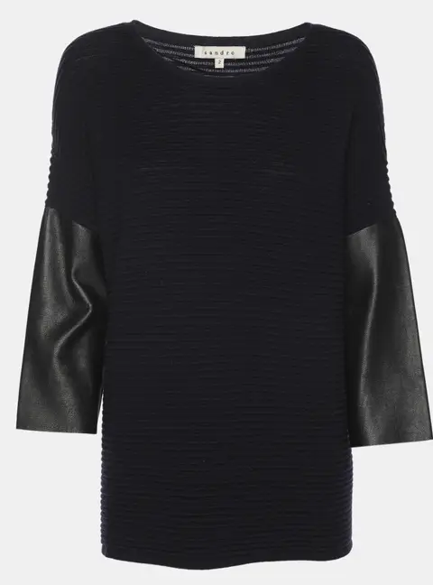 Sandro Navy Blue/Black Rib Knit and Leather Top S
