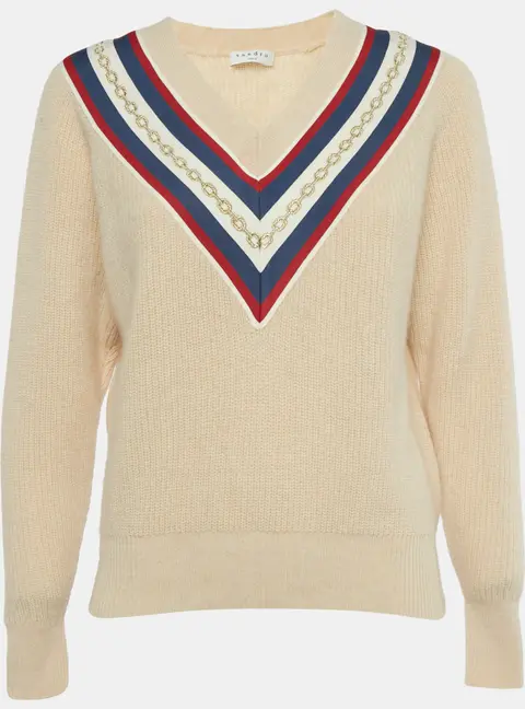 Sandro Beige Applique Rib Knit V-Neck Sweater S