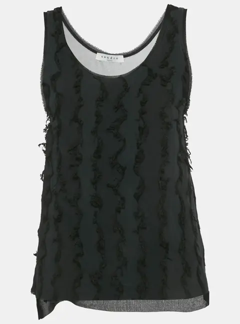 Sandro Black Rib Knit Frayed Detail Tank Top S