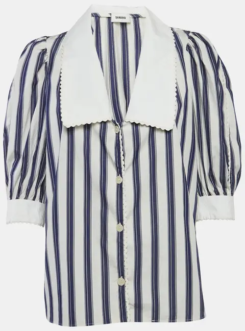 Sandro Blue Stripe Cotton Oversize Collar Chiara Shirt L