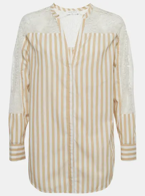 Sandro Beige & White Striped Cotton & Lace Shirt M