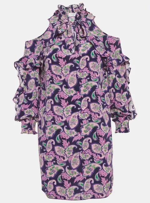 Sandro Purple Printed Silk Ruffled Cold-Shoulder Dress S