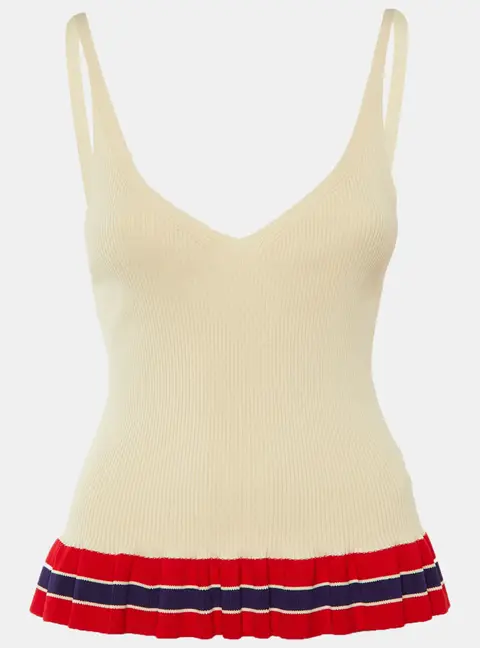 Sandro Beige Striped Rib Knit Ruffled Top L