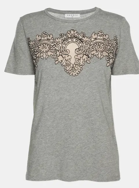 Sandro Grey/Beige Cotton and Lace T-Shirt S