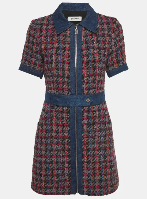 Sandro Multicolour Check Tweed Denim Trim Mini Dress S