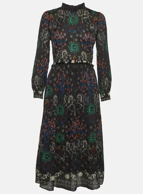 Sandro Black Print Chiffon Ruffled Trim Midi Dress XS