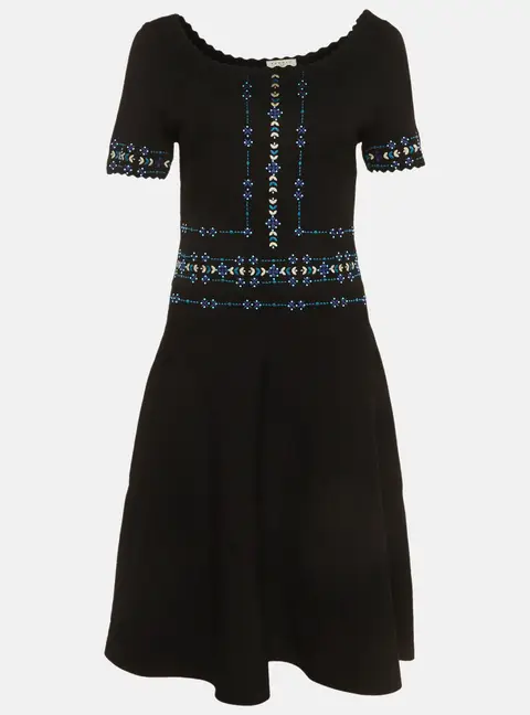 Sandro Black/Blue Embroidered Stretch Knit Midi Dress L