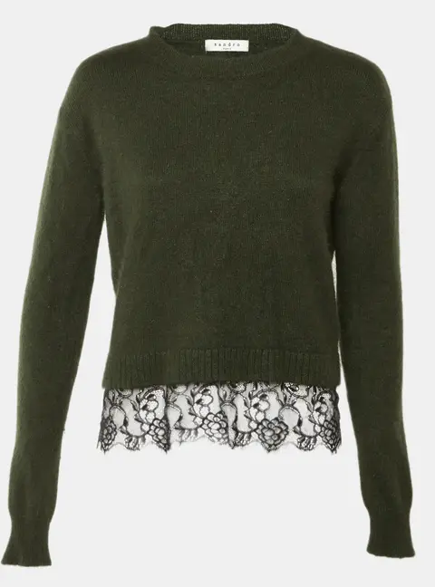 Sandro Olive Green Wool & Lace Hem Sweater S