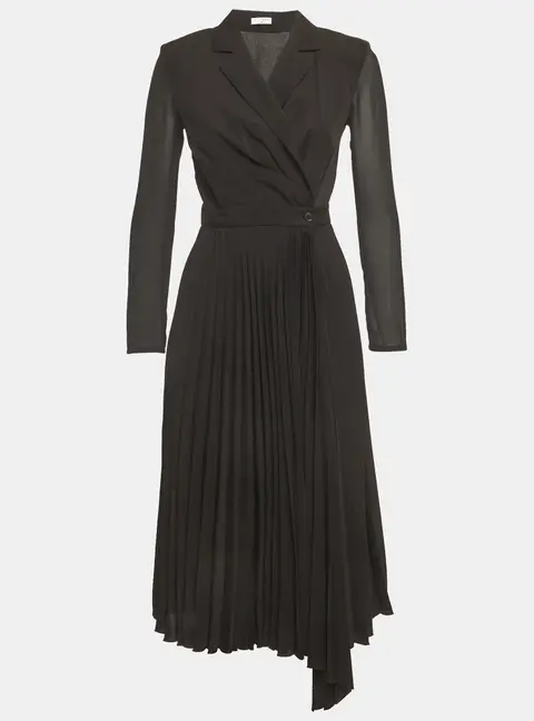 Sandro Black Crepe & Plisse Wrap Style Midi Dress S