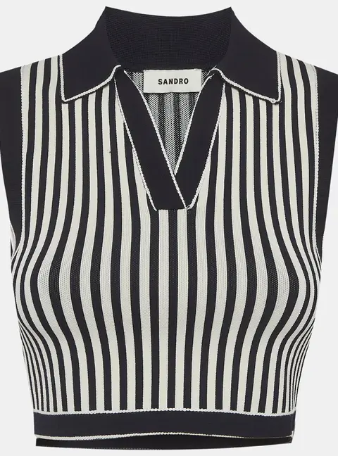 Sandro Blue/White Striped Collared Crop Top S