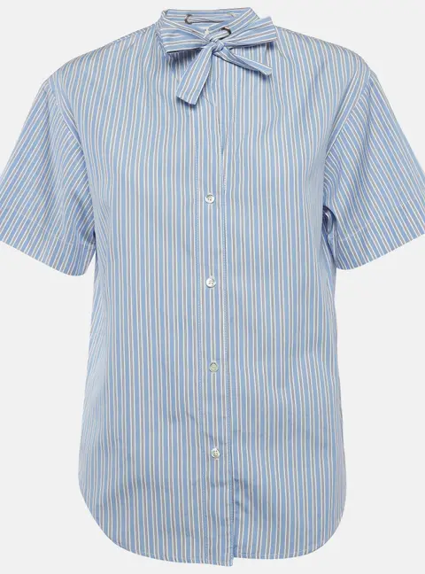 Sandro Blue Striped Cotton Poplin Jacob Neck Tie Shirt S