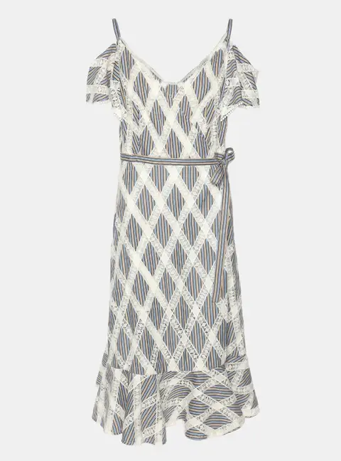 Sandro White/Multicolor Stripe Lace Diamond Pattern Midi Dress S