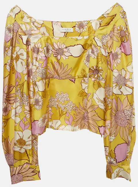 Sandro Yellow Floral Print Satin Square Neck Zip Up Blouse XS