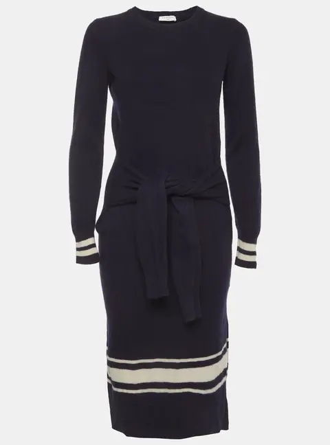 Sandro Navy Blue Striped Wool Blend Knit Tie Midi Dress M