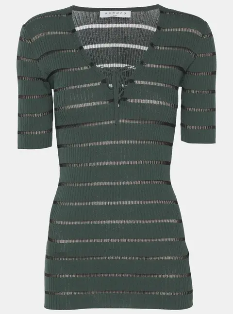 Sandro Green Stripe Stretch Knit Top S