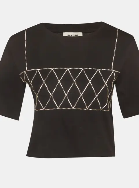 Sandro Black Jersey Rhinestone Cropped T-Shirt S