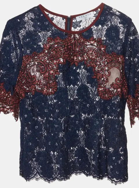 Sandro Navy Blue/Burgundy Floral Lace Short Sleeve Blouse M