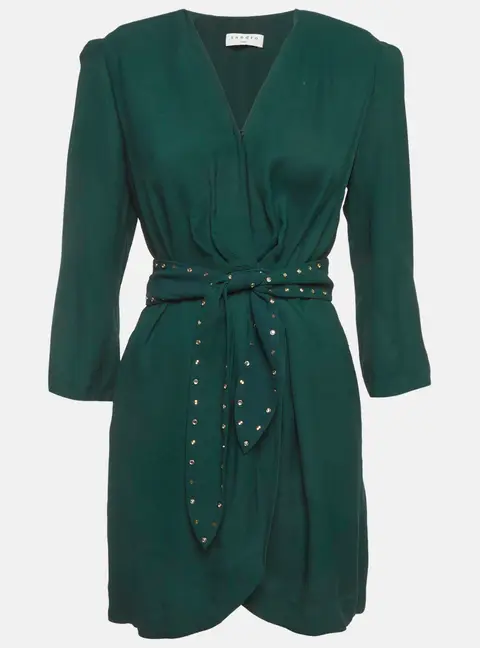 Sandro Green Crepe Belted Mini Wrap Dress S