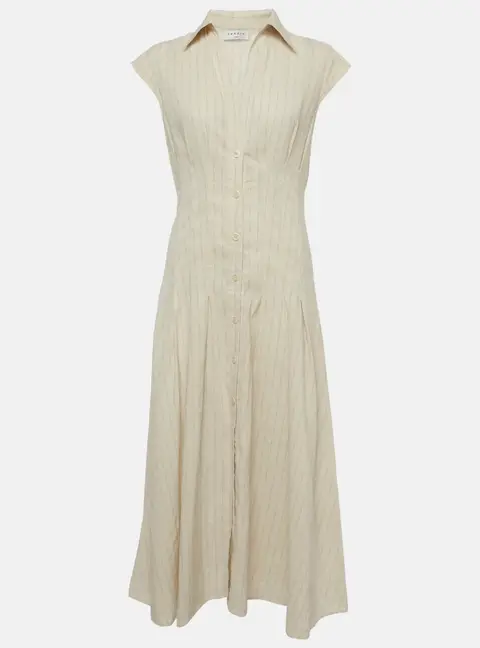 Sandro Cream Striped Linen Pleated Andrina Midi Dress M