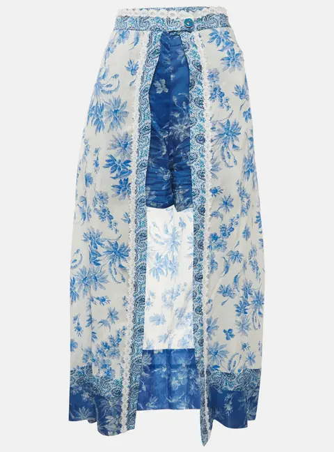 Sandro White/Blue Floral Print Linen Blend Shorts Overlay Skirt XL