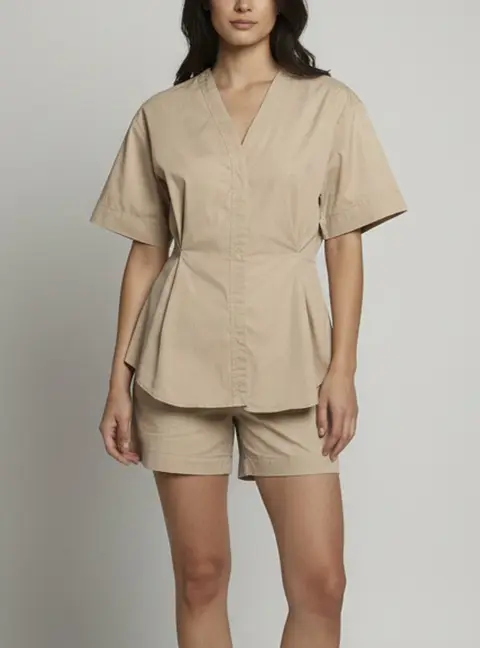 Sandro Beige Cotton V-Neck Inverted Pleat Blouse S