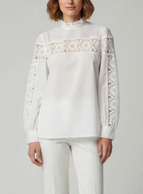 Sandro White Cotton and Lace Paneled Blouse M