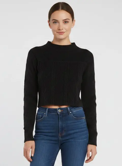 Sandro Black Rib Knit Pattern Long Sleeve Top S