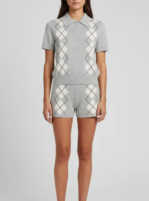 Sandro Grey Wool Blend Knitted Argyle Polo Sweater and Shorts Set S