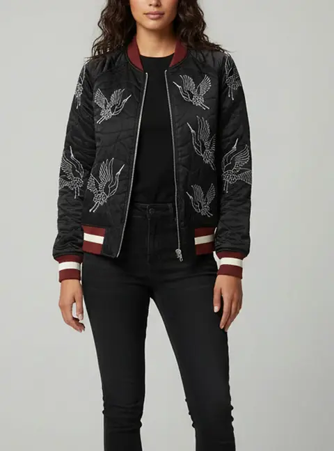 Sandro Black Embroidered Silk Blend Bomber Jacket M
