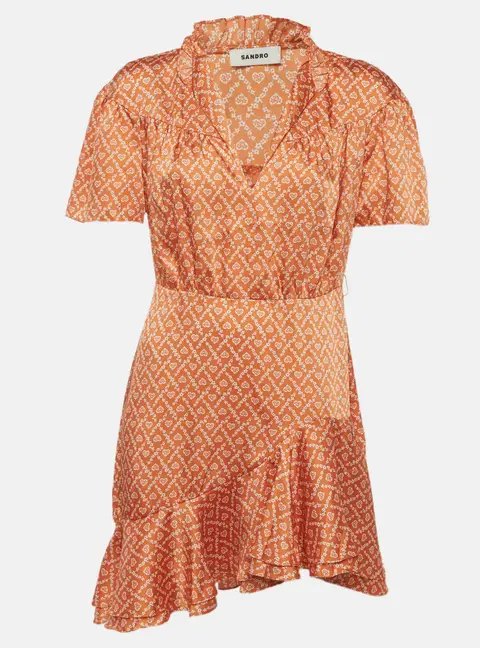 Sandro Orange Heart Print Satin Ruffled Suzen Mini Dress M
