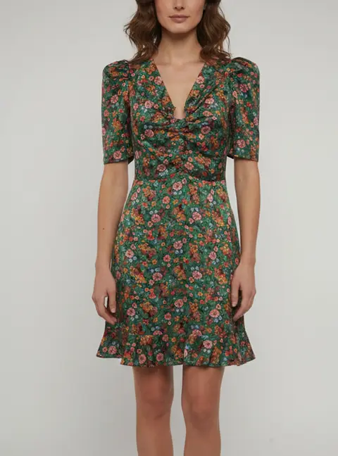 Sandro Green Floral Printed Gabardine Puff Sleeve Mini Dress XS