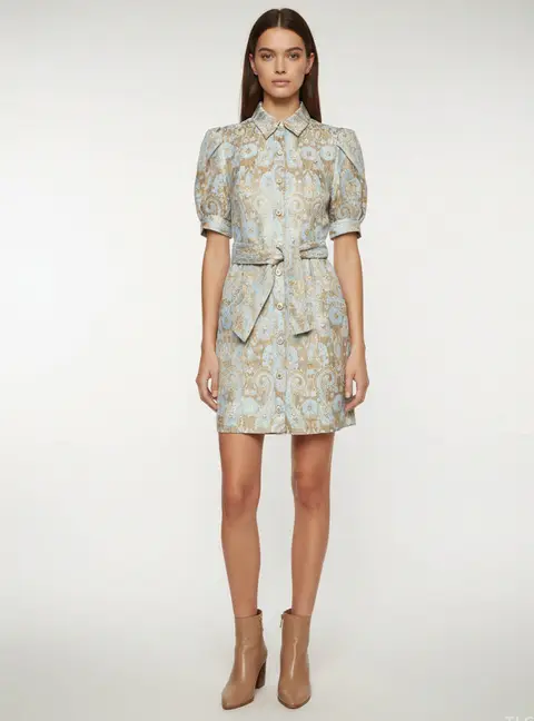Sandro Blue/Gold Metallic Jacquard Puff Sleeve Orlan Shirt Dress S