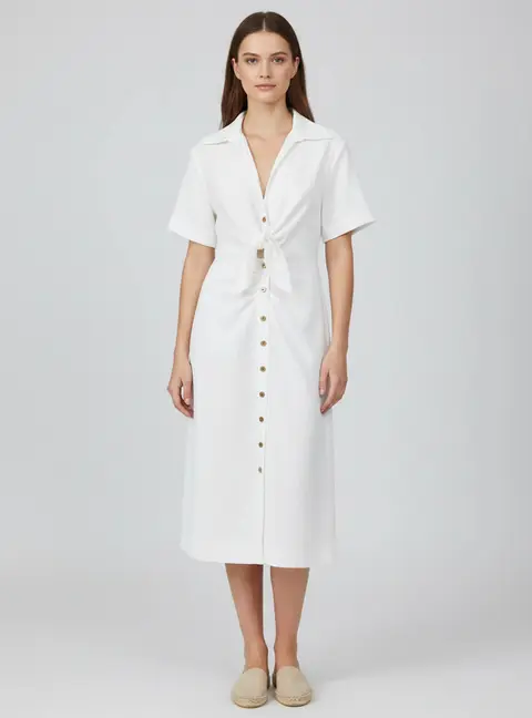 Sandro White Gabardine Knotted Shirt Dress M