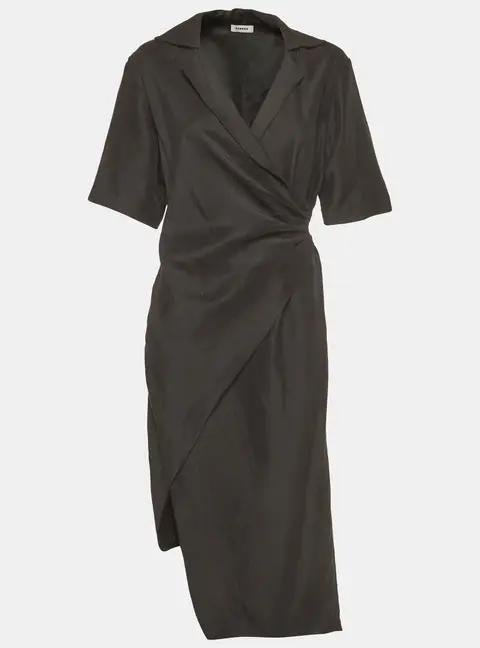 Sandro Black Linen Blend Draped Asymmetric Midi Dress M
