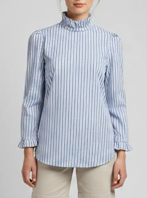 Sandro Blue Stripe Long Sleeve Ruffle Top XS