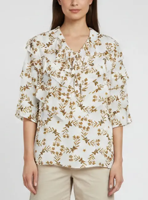 Sandro White Floral Butterfly Print Synthetic Ruffled Blouse M