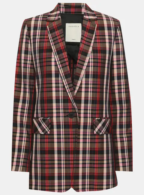 Sandro Multicolor Tartan Print Gabardine Plaid Blazer M