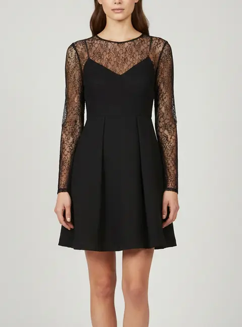 Sandro Black Lace and Textured Crepe Pleated Short Dress L