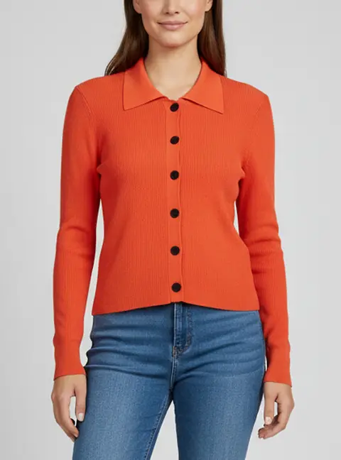 Sandro Coral Orange Rib Knit Button Up Cropped Cardigan L