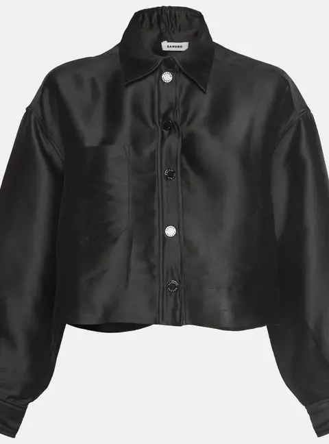 Sandro Black Satin Button Up Oversized Cropped Shirt M