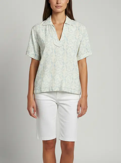 Sandro Crepe Nautica Print Jacquard Short Sleeve Shirt XS