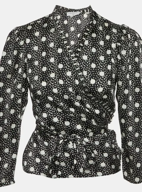 Sandro Black Printed Crepe Wrap Around Top M