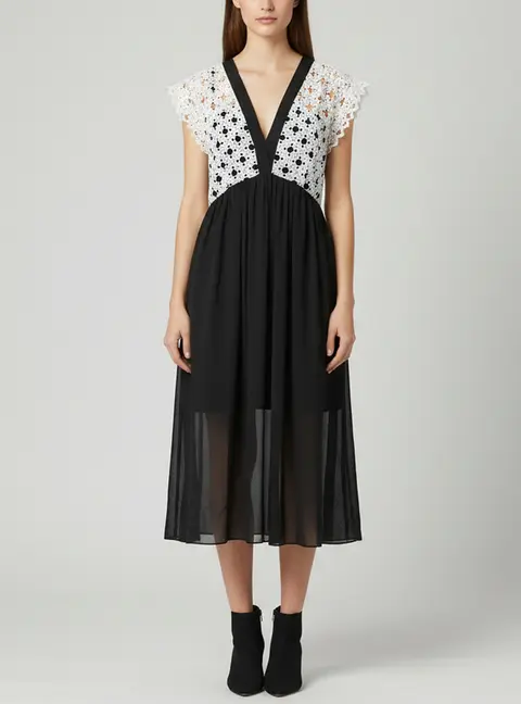 Sandro Black/White Lace Pattern Crepe V-Neck Midi Dress M