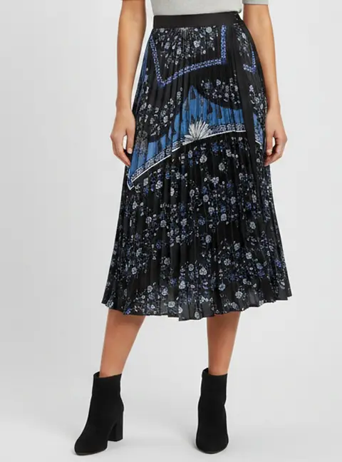 Sandro Black Floral Print Sateen Sunburst Pleats Wrap Midi Skirt S