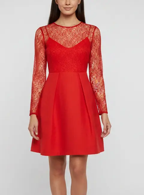 Sandro Red Corded Lace and Textured Crepe Pleated Mini Dress S