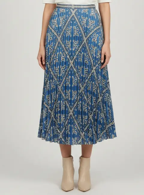 Sandro Blue Paisley Print Sateen Leianne Pleated Midi Skirt S